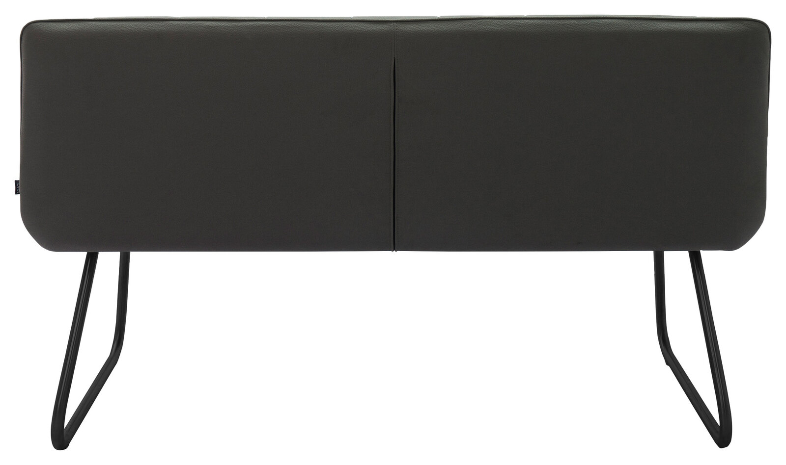 Rückansicht einer modernen Bank mit schwarzem Metallgestell und dunkelgrünem Polster.