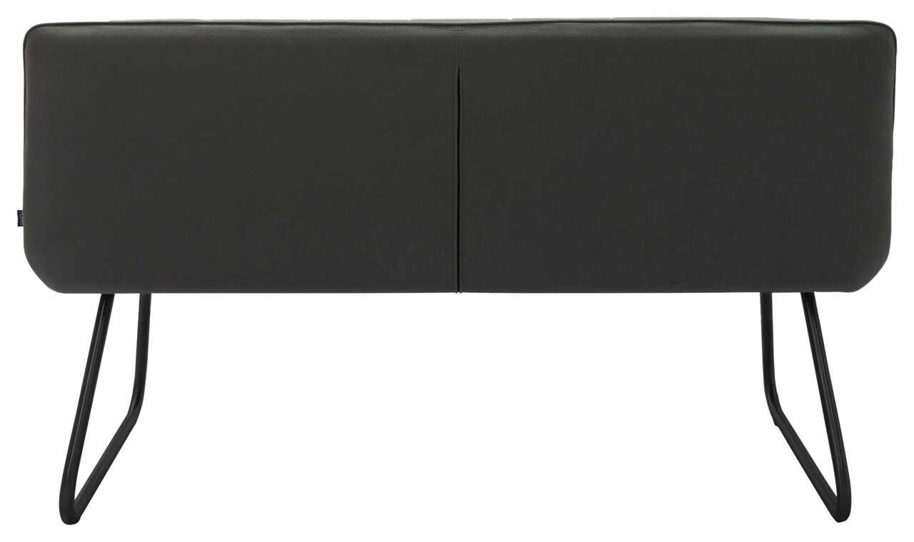 Rückansicht einer modernen Bank mit schwarzem Metallgestell und dunkelgrünem Polster.