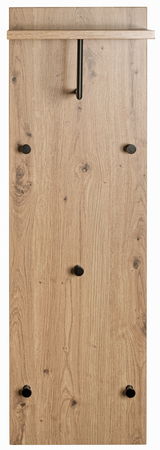 Wandgarderobe aus Holz mit fünf schwarzen Haken und einem oberen Regalbrett, Frontalansicht
