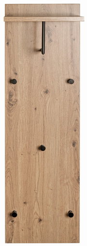 Wandgarderobe aus Holz mit fünf schwarzen Haken und einem oberen Regalbrett, Frontalansicht