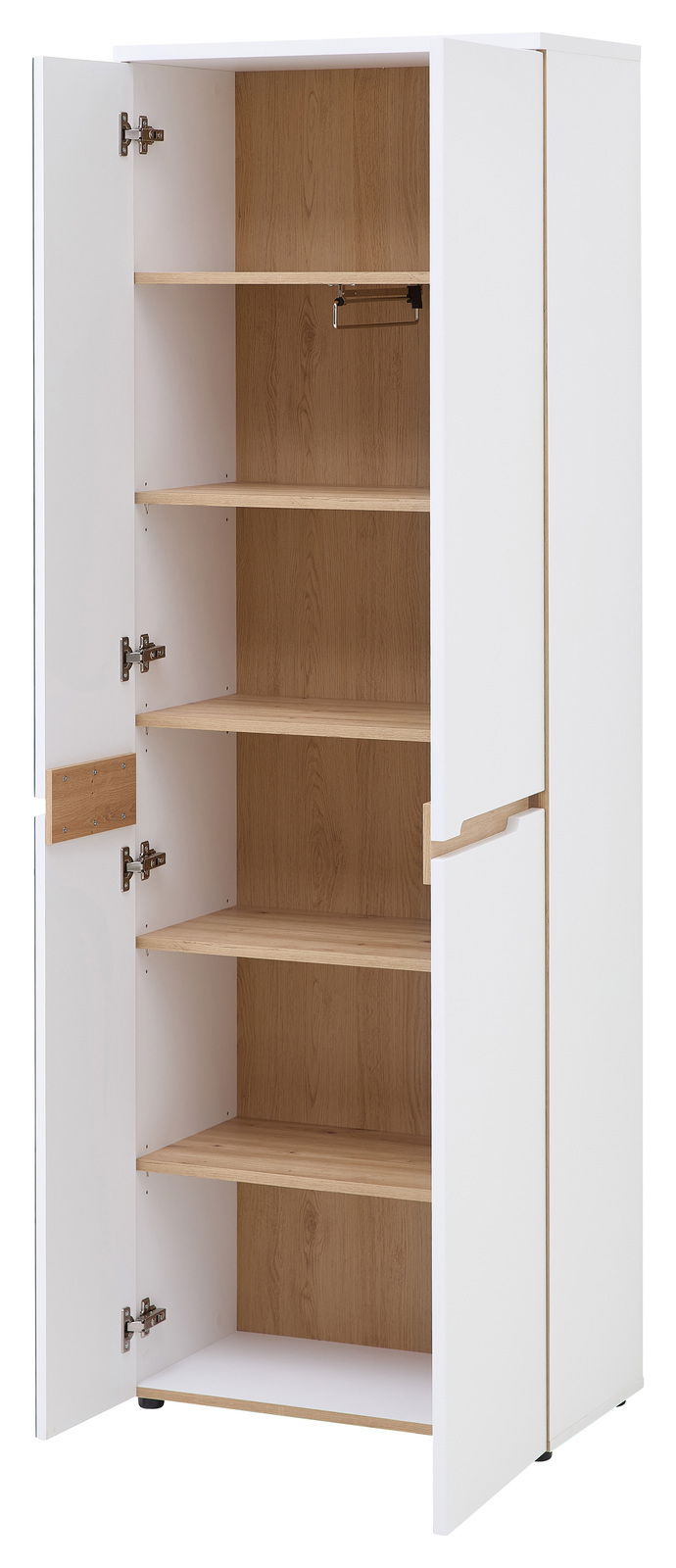 Offener weißer Garderobenschrank mit Holzeinlegeböden, von vorne betrachtet.