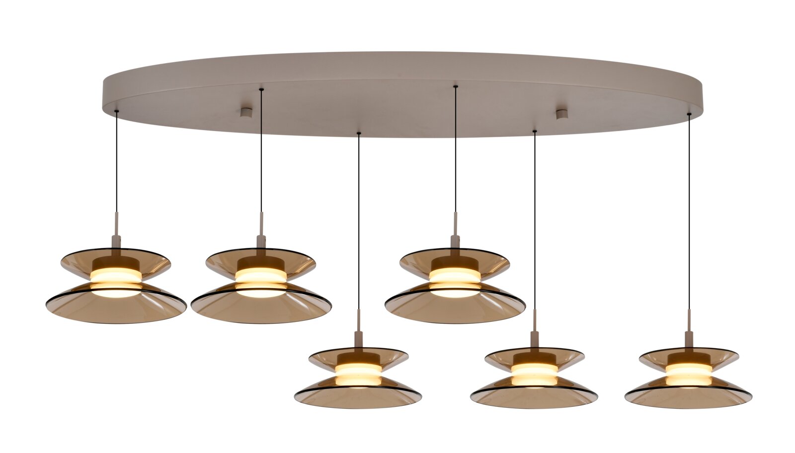 Onderaanzicht van moderne zeslichts hanglamp met ovale plafondplaat, zwarte snoeren en amberkleurige glazen kappen op verschillende hoogtes