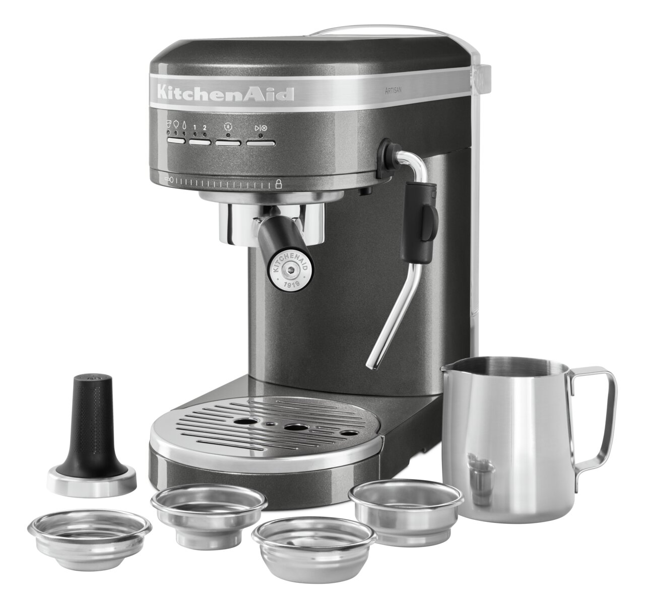 Espressomaschine aus Edelstahl mit Zubehör, Vorderansicht