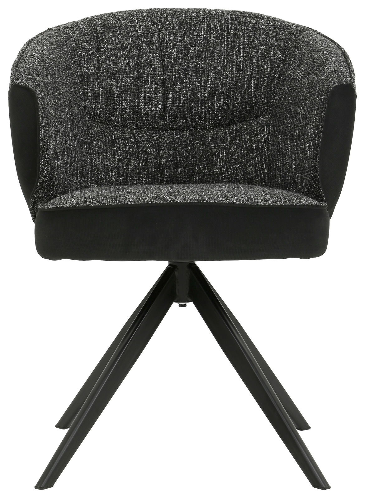 Moderner Armlehnstuhl mit schwarzem Stoffbezug und Metallbeinen, Frontalansicht