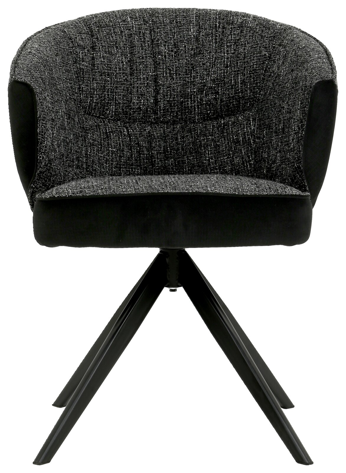 Moderne fauteuil met zwarte stoffen bekleding en metalen poten, vooraanzicht