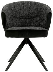 Moderne fauteuil met zwarte stoffen bekleding en metalen poten, vooraanzicht
