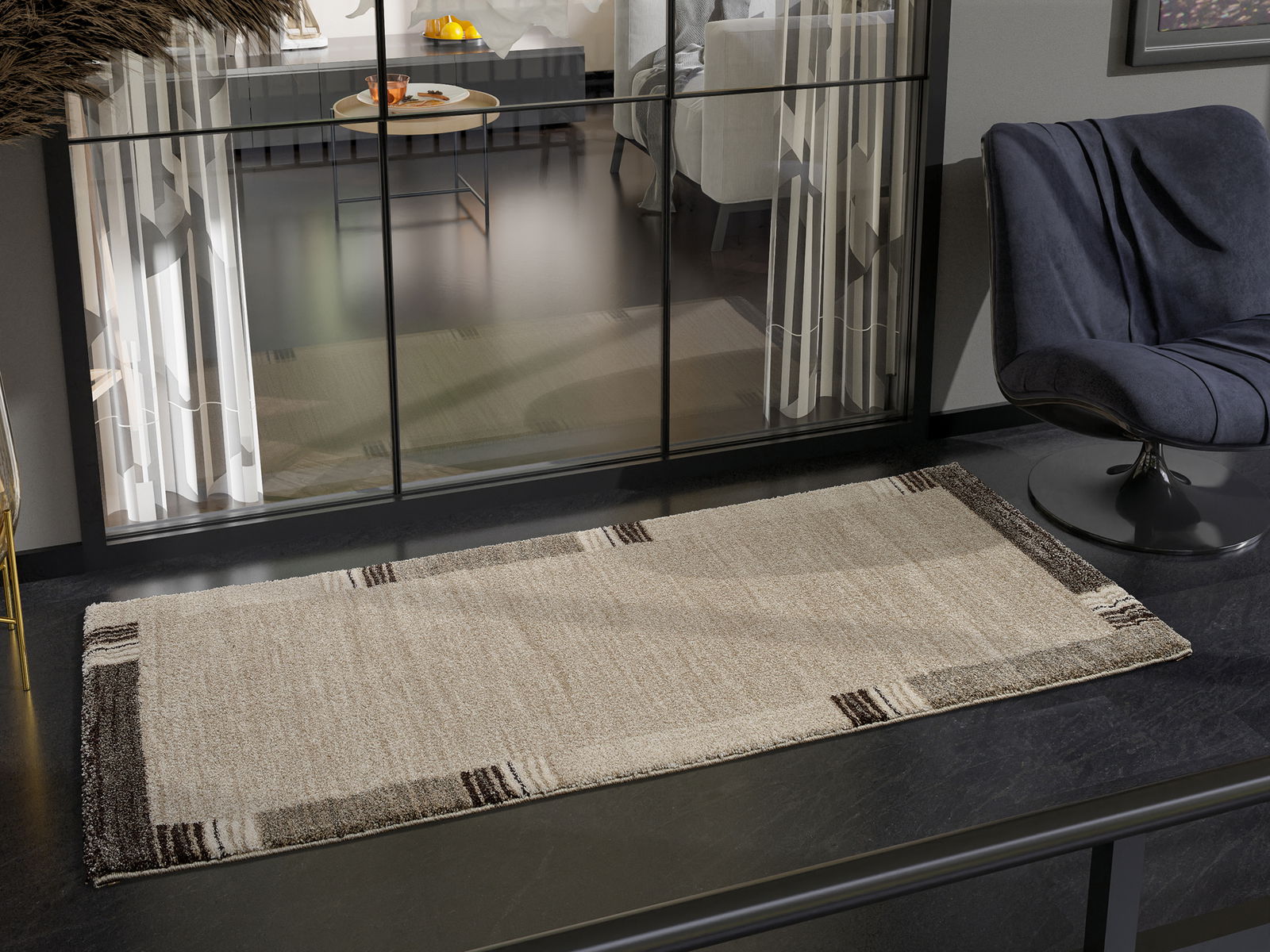 Teppich Castle Flora in modernem Wohnzimmer, beige mit braunen Akzenten, aus der Vogelperspektive.