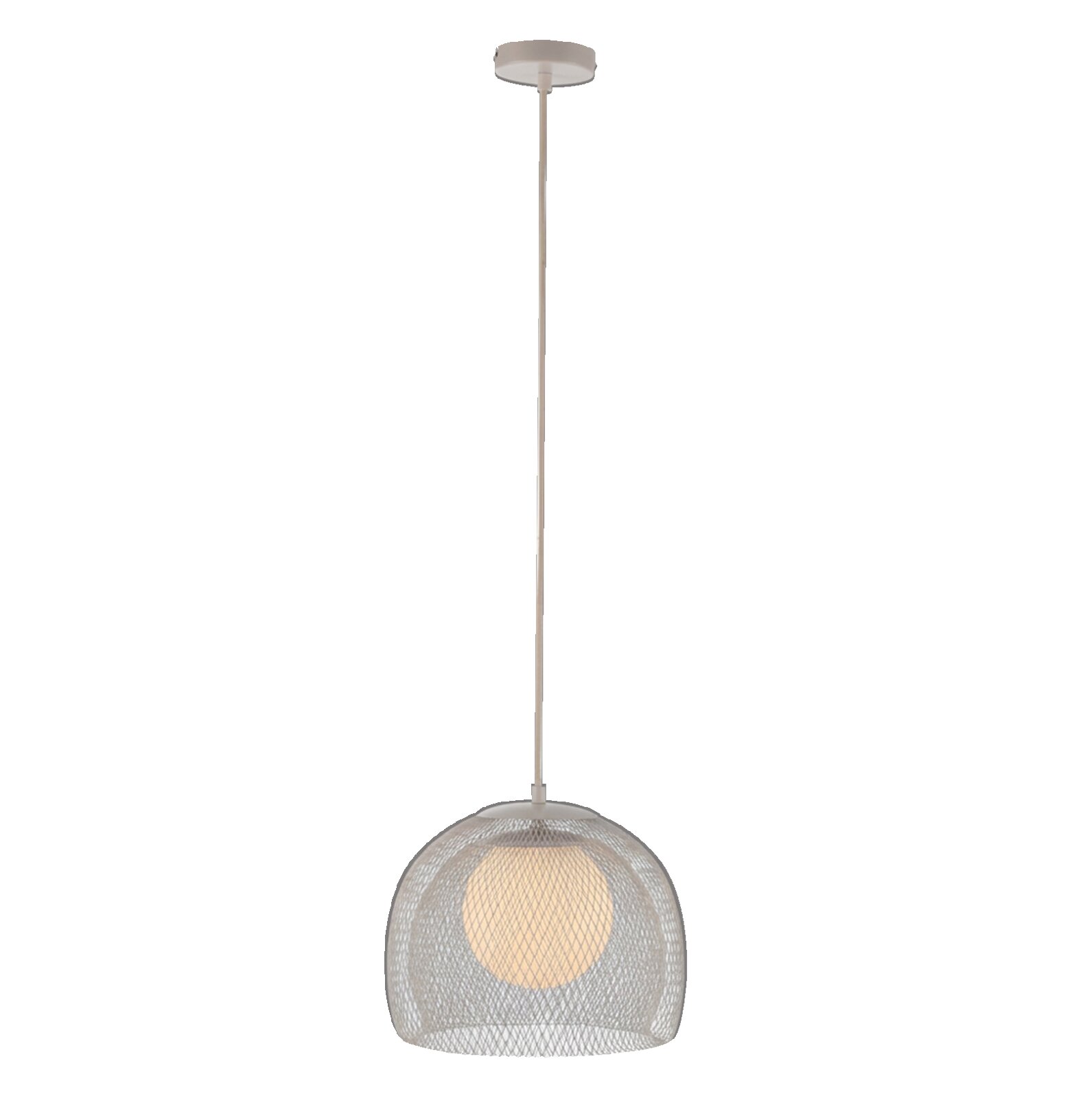 Witte hanglamp met een koepelvormige, fijnmazige metalen roosterkap en een warm oplichtend binnenlichaam, van voren gefotografeerd tegen een grijze achtergrond