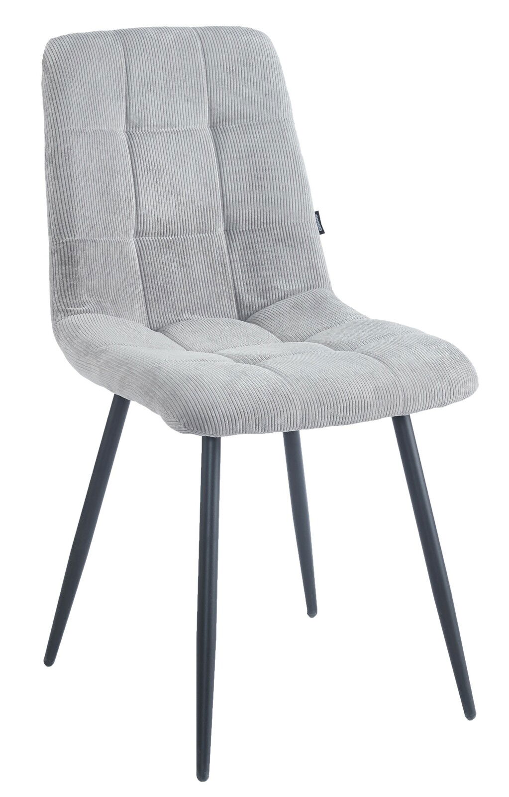 BOXXX Stuhl CURTY Grauer Stuhl mit gepolsterter Sitzfläche und Rückenlehne, aus seitlicher Perspektive fotografiert.