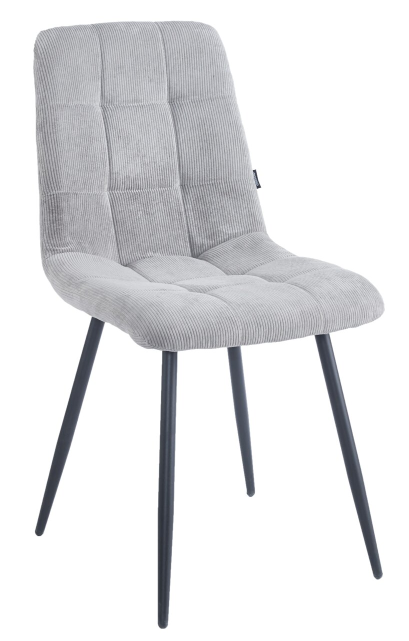 BOXXX Stuhl CURTY Grauer Stuhl mit gepolsterter Sitzfläche und Rückenlehne, aus seitlicher Perspektive fotografiert.