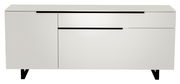 Modernes weißes TV-Lowboard mit schwarzen Griffen, frontale Ansicht