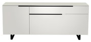 Modernes weißes TV-Lowboard mit schwarzen Griffen, frontale Ansicht