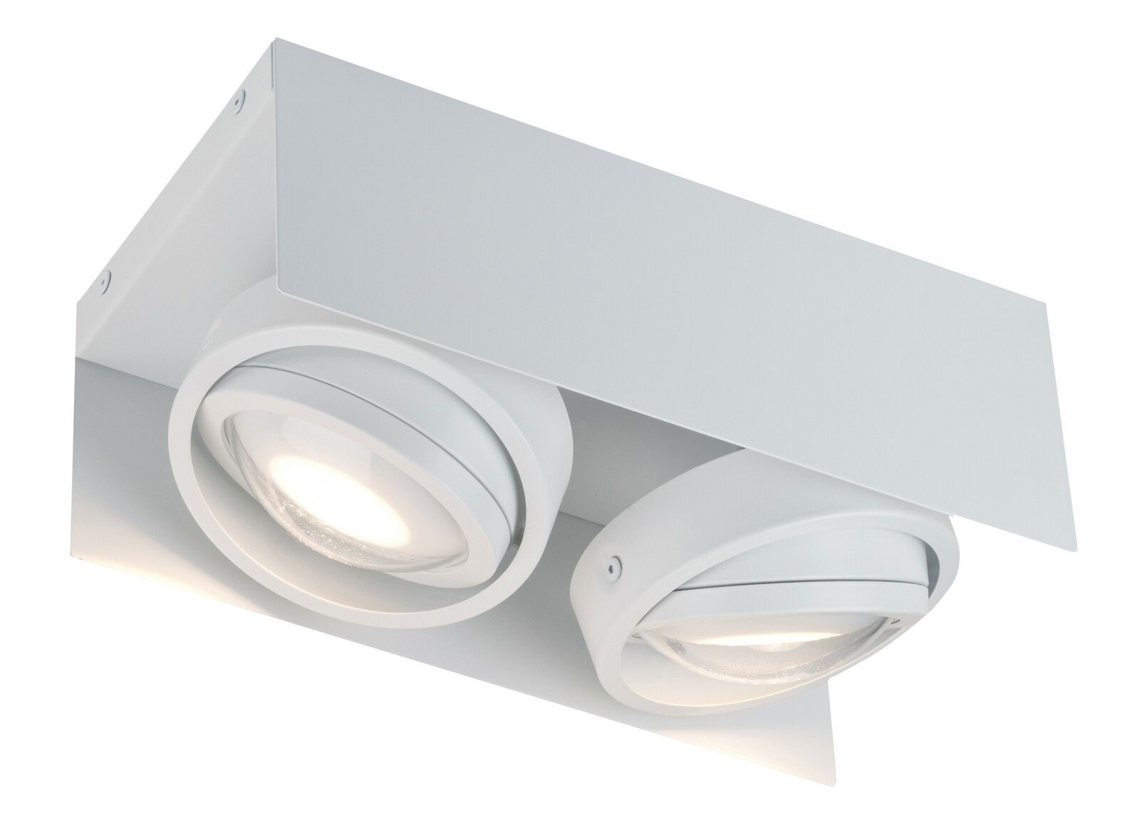 Weiße LED Aufbauleuchte mit zwei runden Strahlern, Perspektive von unten