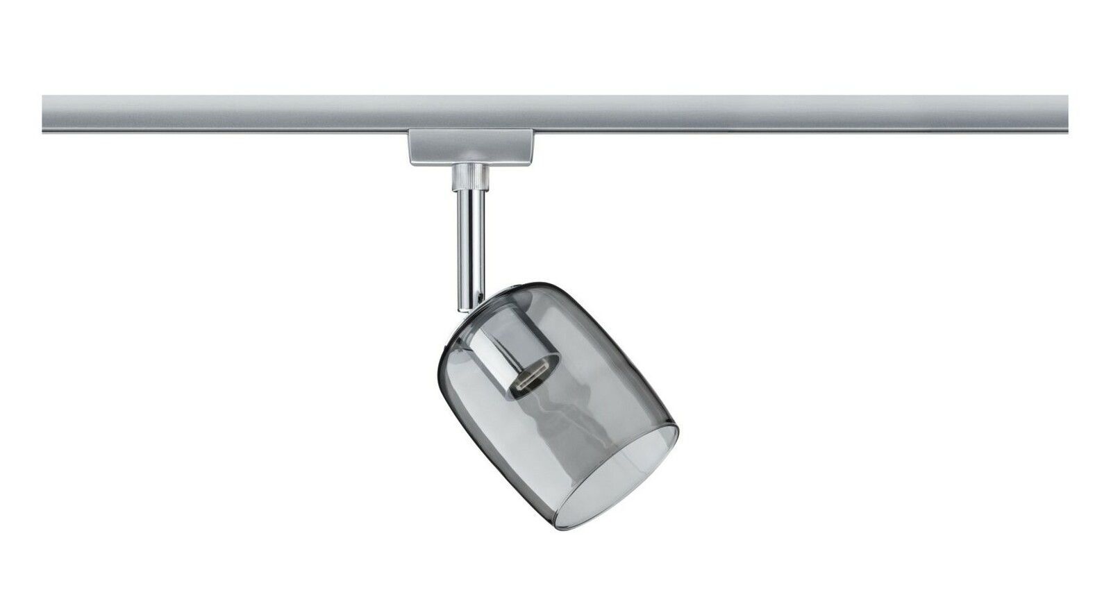 Schienenspot Blossom von PAULMANN URAIL in seitlicher Perspektive mit transparentem, rauchgrauem Glasdesign.