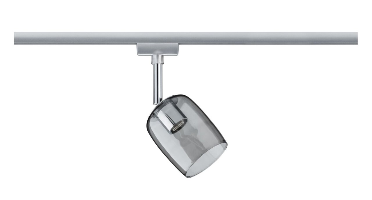 Schienenspot Blossom von PAULMANN URAIL in seitlicher Perspektive mit transparentem, rauchgrauem Glasdesign.