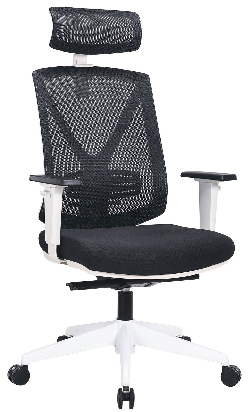 Moderner Drehstuhl mit Netzrückenlehne und Kopfstütze, seitliche Ansicht