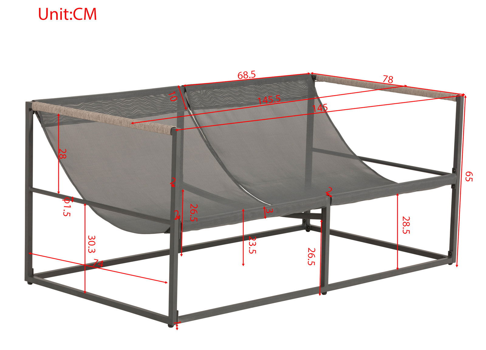 Zweiersitziges Lounge-Sofa mit Metallrahmen und Netzbespannung, seitliche Perspektive mit Maßangaben in Zentimetern.