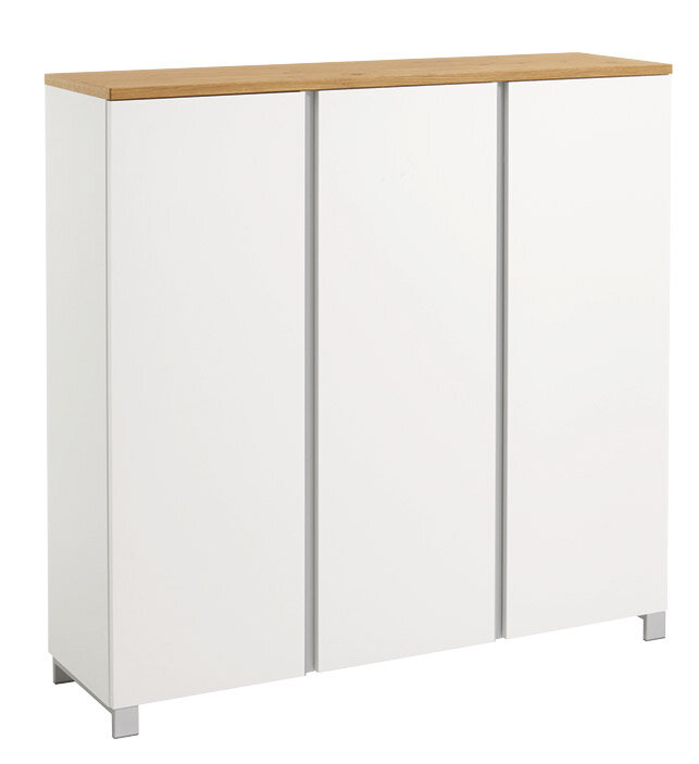 Moderner XL-Schuhschrank in Weiß mit Holzoberfläche, frontal abgebildet