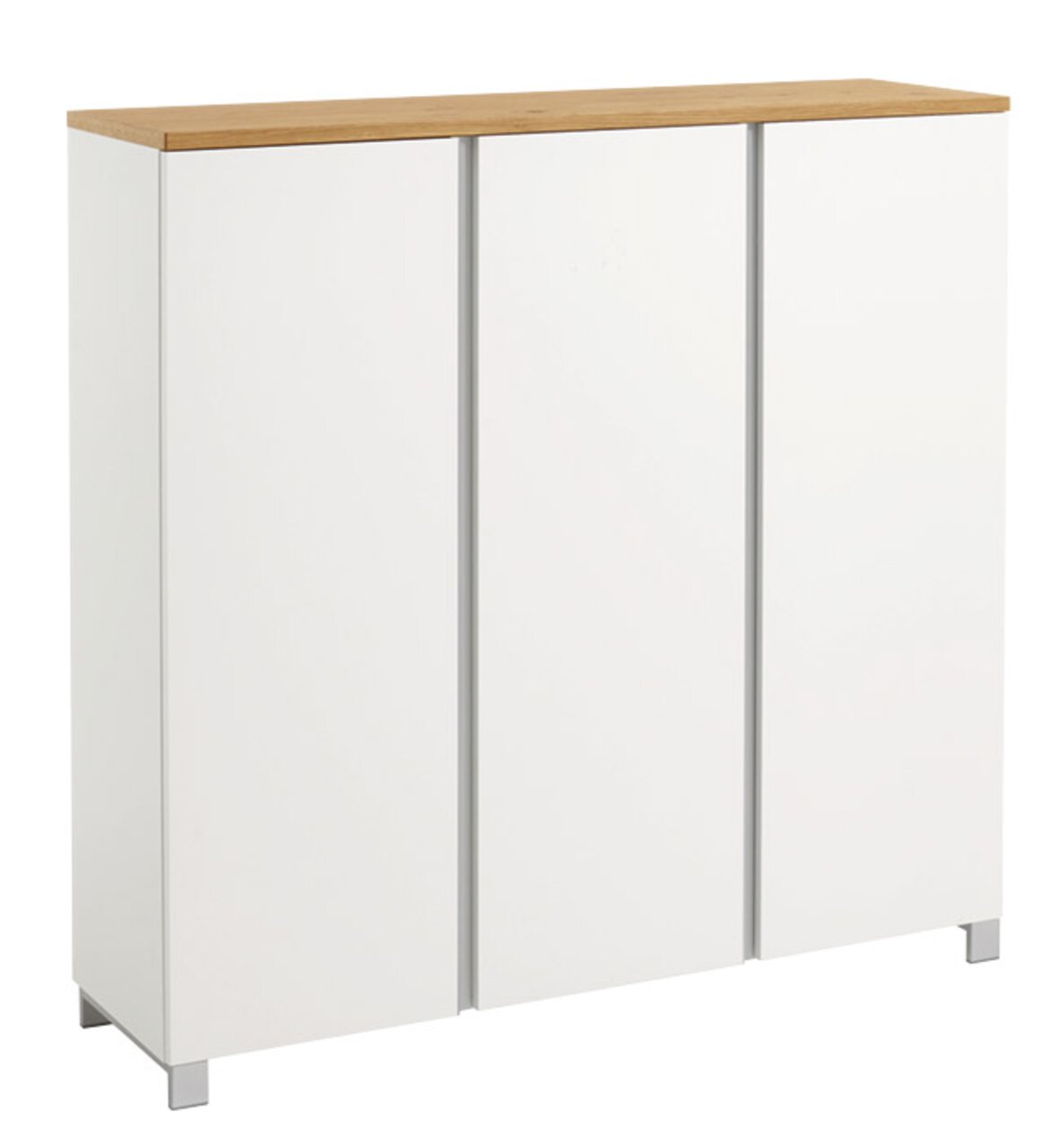 Moderner XL-Schuhschrank in Weiß mit Holzoberfläche, frontal abgebildet