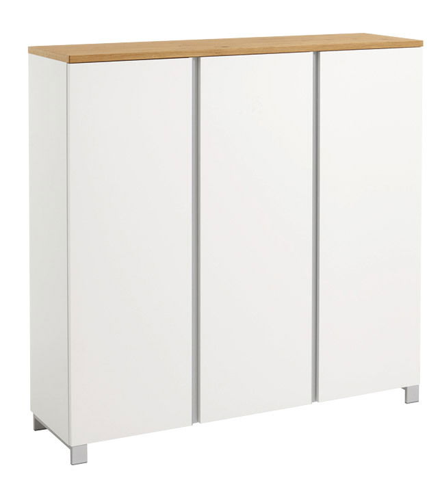 Moderner XL-Schuhschrank in Weiß mit Holzoberfläche, frontal abgebildet