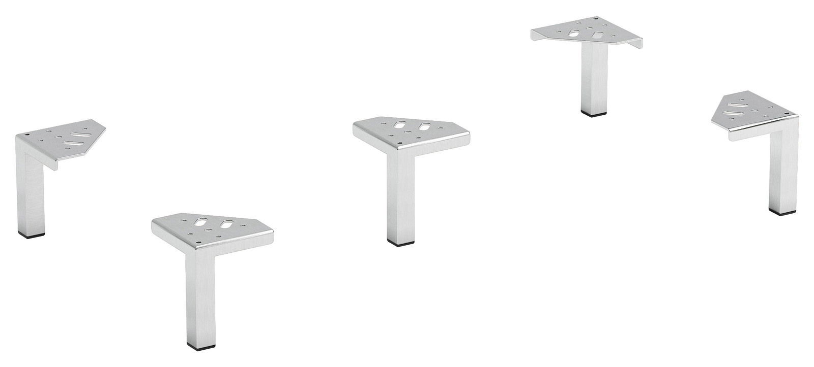 XORA Voetenset, 5-delig Fünfteiliges silbernes Fuß-Set aus Metall, perspektivisch von oben gezeigt.
