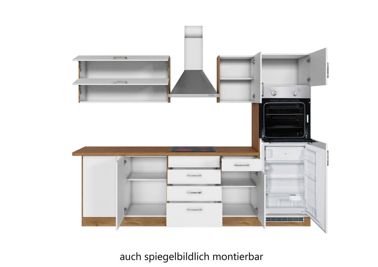 Frontale Ansicht einer modernen Eck-Küchenzeile mit offenen Schränken, Herd, Ofen und Kühlschrank. Die Küche ist in Weiß mit Holzarbeitsplatte gestaltet und bietet viel Stauraum.