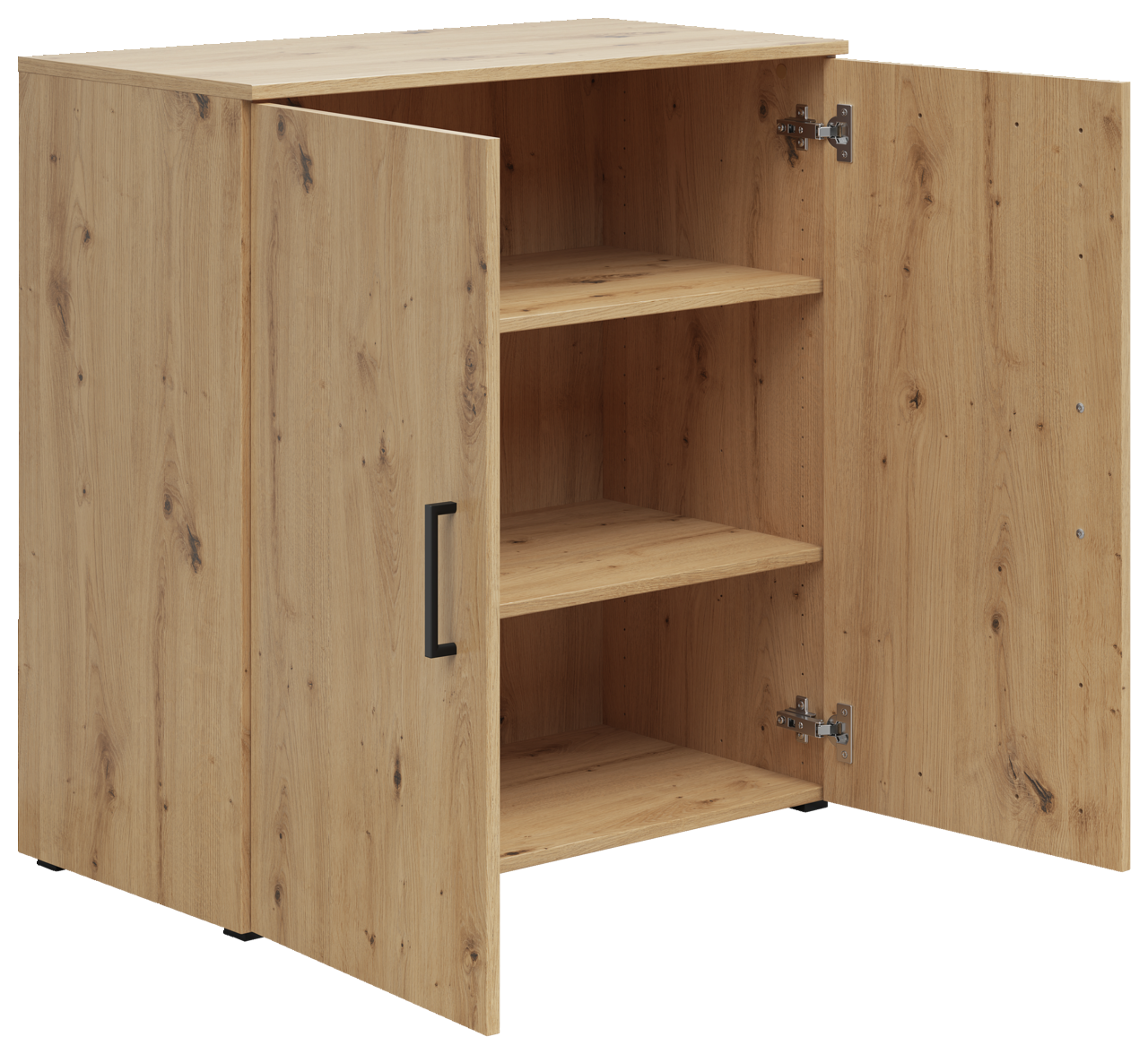 Kommode aus Holz mit zwei offenen Türen, zeigt Innenregale, Perspektive von vorne