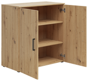 Kommode aus Holz mit zwei offenen Türen, zeigt Innenregale, Perspektive von vorne