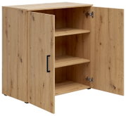 Kommode aus Holz mit zwei offenen Türen, zeigt Innenregale, Perspektive von vorne