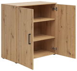 Kommode aus Holz mit zwei offenen Türen, zeigt Innenregale, Perspektive von vorne