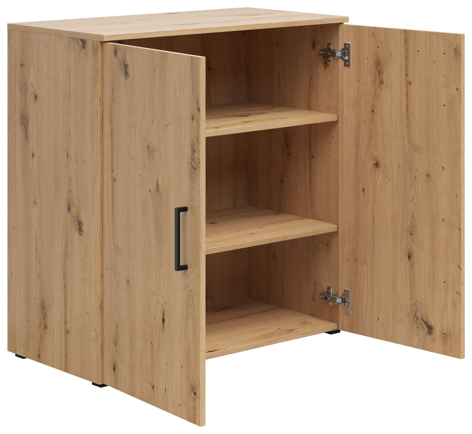 Kommode aus Holz mit zwei offenen Türen, zeigt Innenregale, Perspektive von vorne