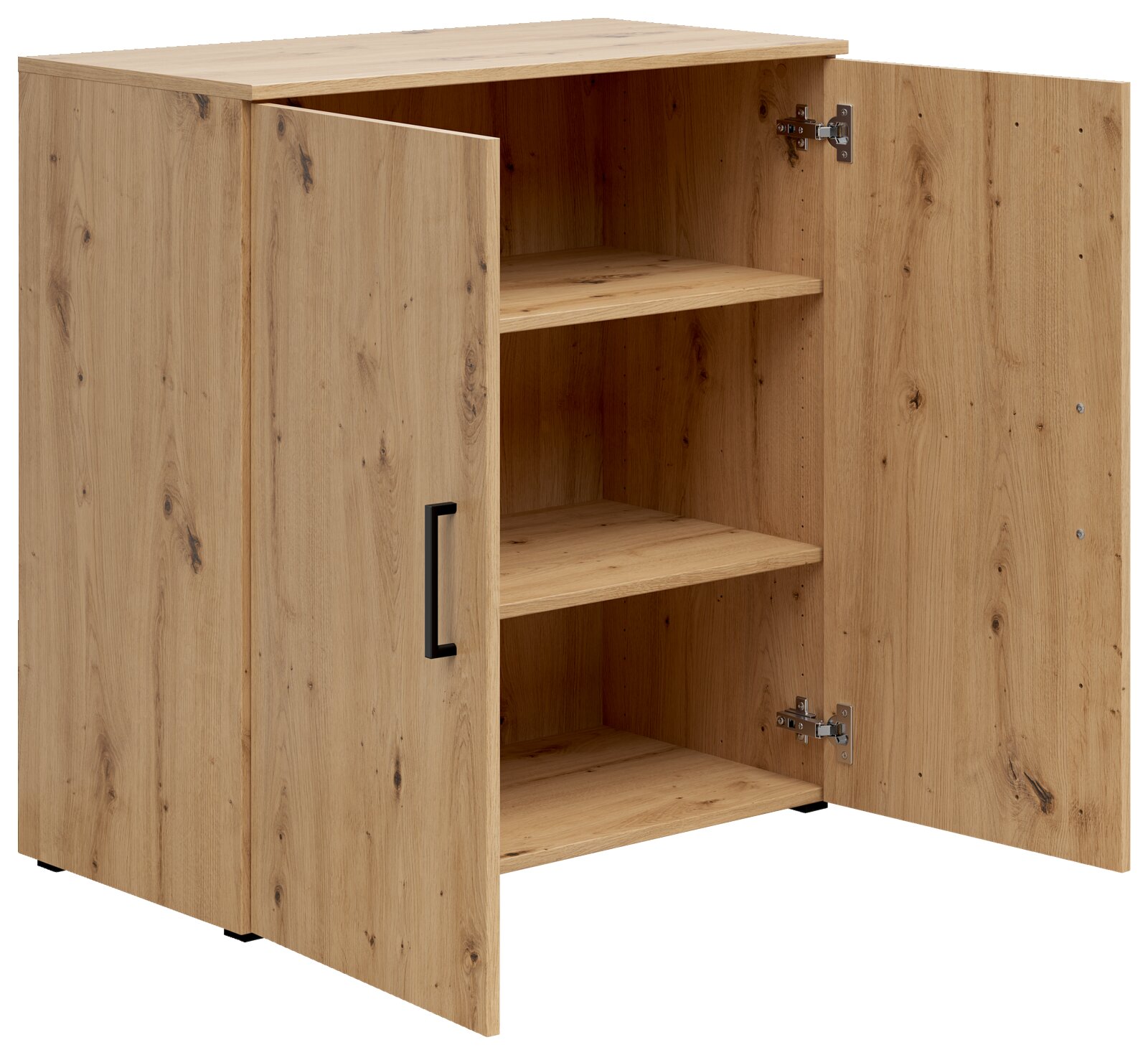 Houten ladekast met twee open deuren, met zicht op de planken binnenin, vooraanzicht