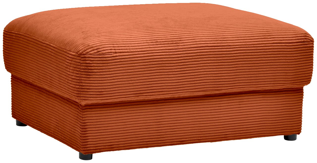 Hocker aus orangefarbenem Cordstoff, seitliche Perspektive