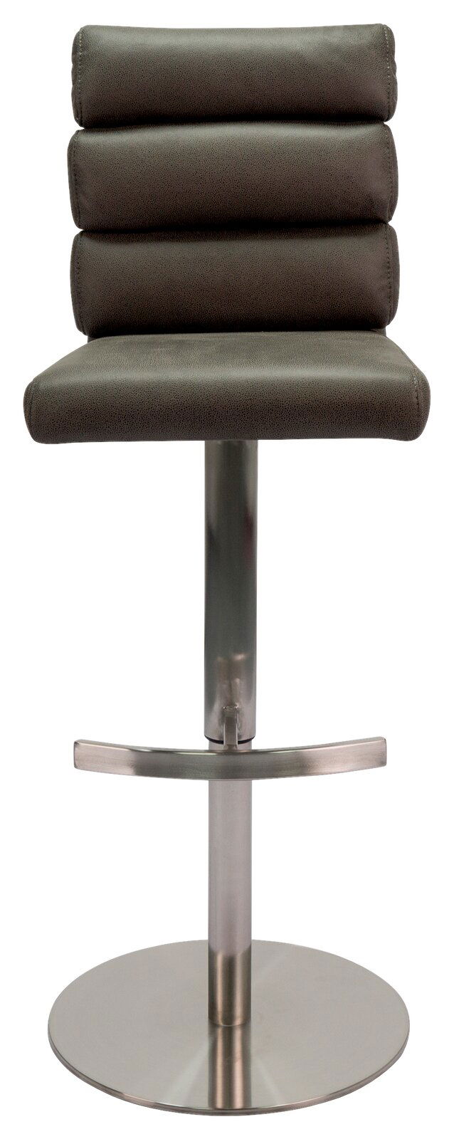 Moderner Barhocker mit gepolsterter Rückenlehne und Sitzfläche, aus Metall und Stoff, in Frontalansicht.