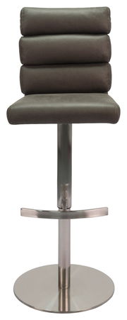 Moderner Barhocker mit gepolsterter Rückenlehne und Sitzfläche, aus Metall und Stoff, in Frontalansicht.