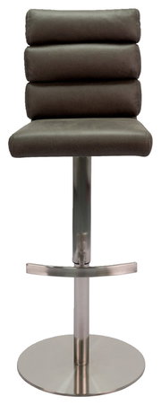 Moderner Barhocker mit gepolsterter Rückenlehne und Sitzfläche, aus Metall und Stoff, in Frontalansicht.