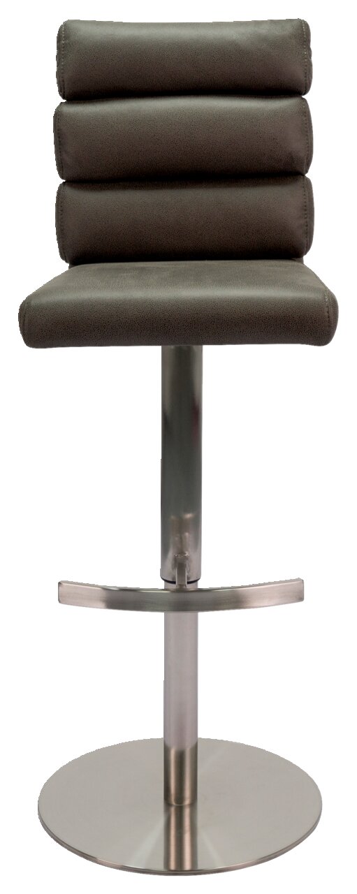 Moderner Barhocker mit gepolsterter Rückenlehne und Sitzfläche, aus Metall und Stoff, in Frontalansicht.