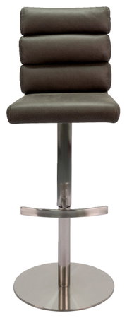 Moderner Barhocker mit gepolsterter Rückenlehne und Sitzfläche, aus Metall und Stoff, in Frontalansicht.