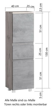 Midischrank in Holzoptik mit grauen Fronten, Maße 130 cm hoch, 40 cm breit, 35 cm tief, Türen rechts oder links montierbar, seitliche Perspektive.