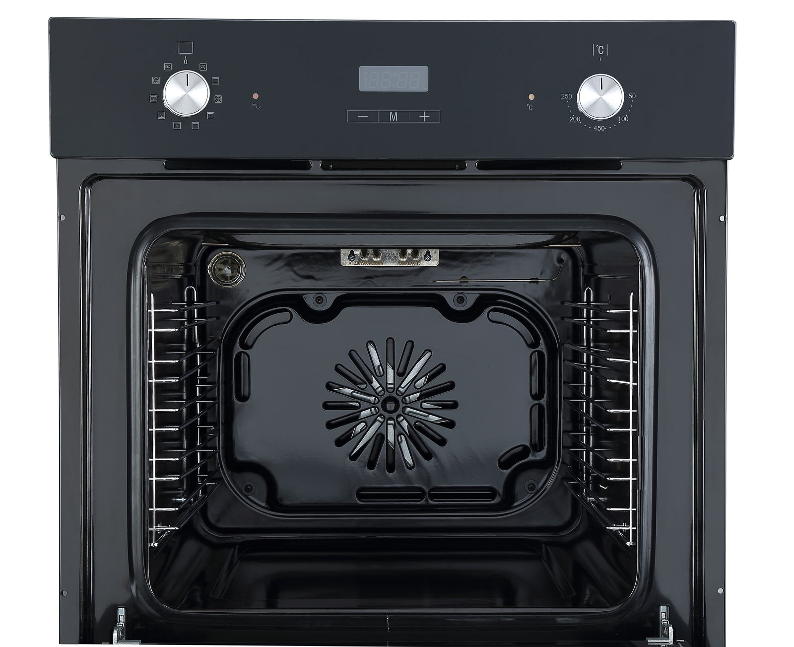 Frontansicht eines modernen Backofens mit zwei Drehknöpfen und digitalem Display.