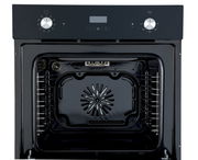 Frontansicht eines modernen Backofens mit zwei Drehknöpfen und digitalem Display.