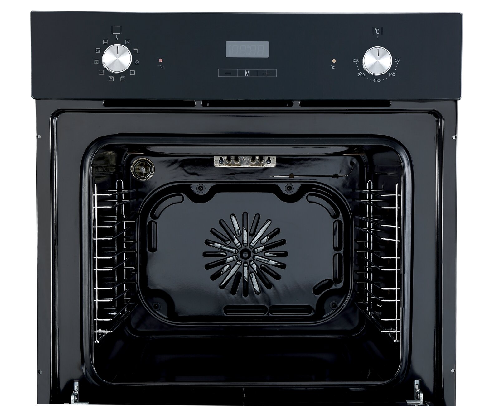 Vooraanzicht van een moderne oven met twee draaiknoppen en een digitaal display.