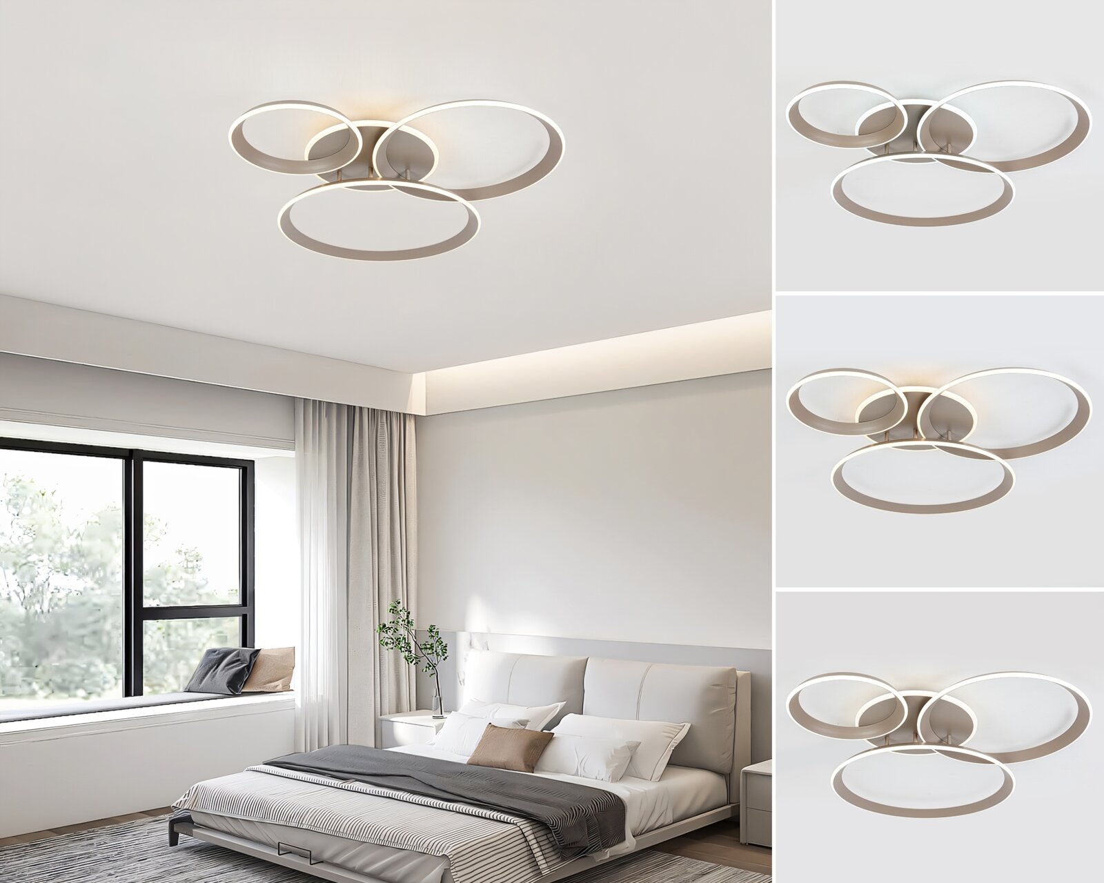 Moderne led-plafondlamp met drie in elkaar verweven ringen, gezien van onderaf, gemonteerd in een stijlvolle slaapkamer.