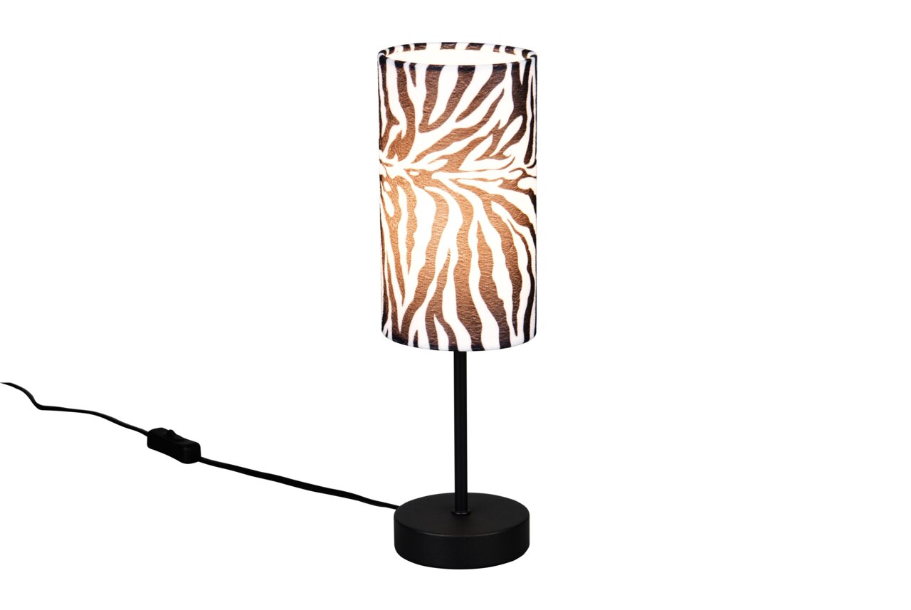 Reality Leuchten Tischleuchte Zylindrische Tischleuchte mit Zebramuster, seitliche Perspektive
