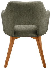 Rückansicht eines Sessels mit grünem Stoffbezug und Holzbeinen