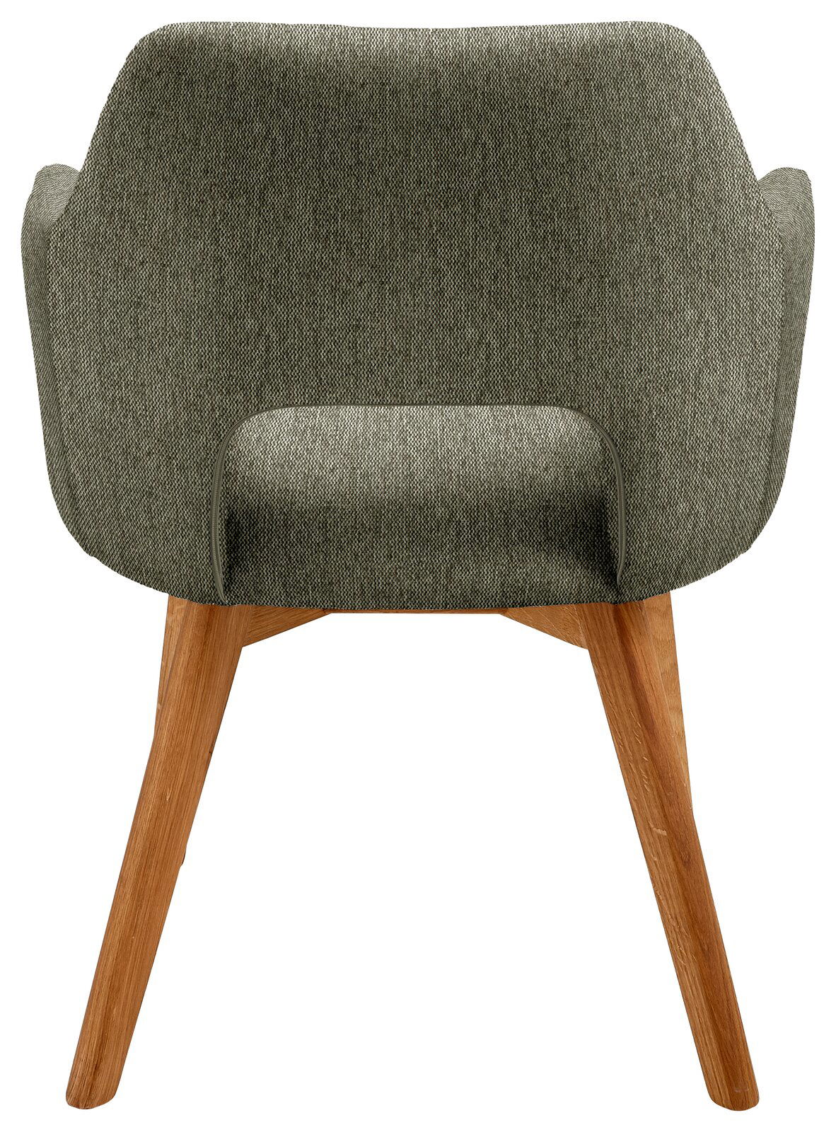 Rückansicht eines Sessels mit grünem Stoffbezug und Holzbeinen