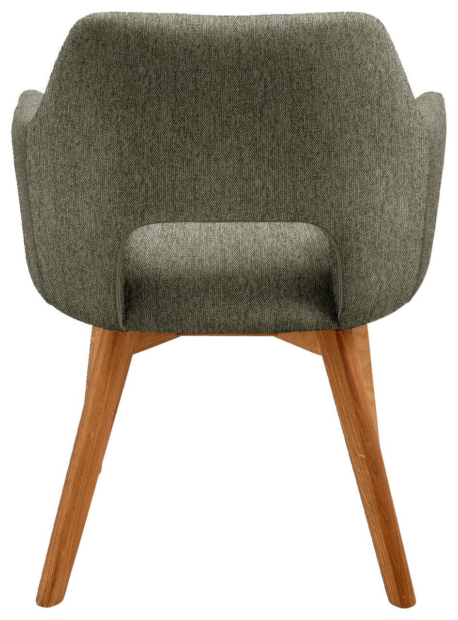 Rückansicht eines Sessels mit grünem Stoffbezug und Holzbeinen