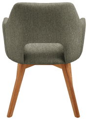 Rückansicht eines Sessels mit grünem Stoffbezug und Holzbeinen