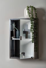 Medizinschrank aus Metall mit Glastür, teilweise geöffnet, mit einem Zahnputzbecher und Zahnbürste im Inneren, dekoriert mit einer Pflanze auf der Oberseite. Perspektive von vorne.