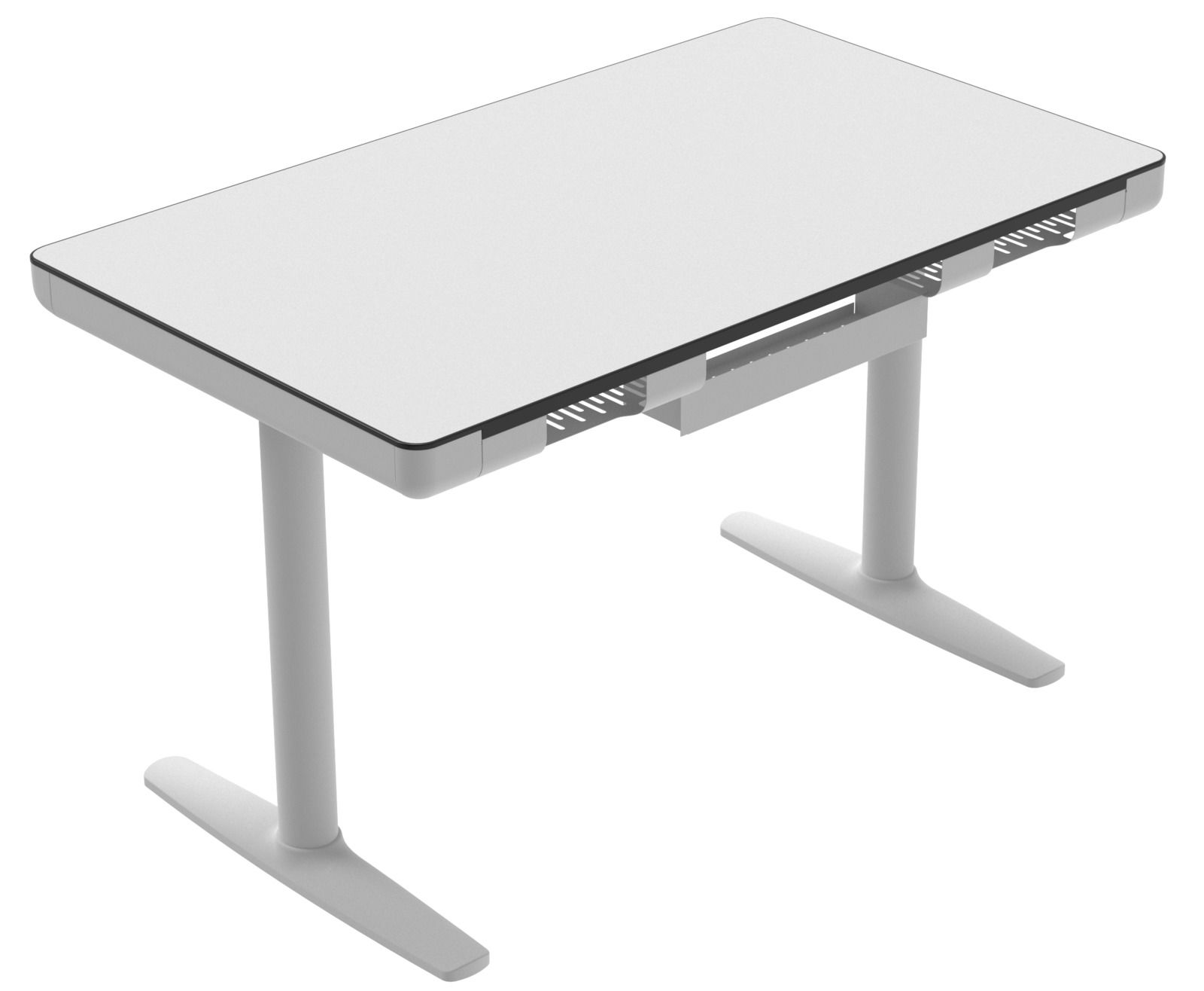 Moderner E-Schreibtisch in Weiß mit höhenverstellbaren Beinen, seitliche Perspektive
